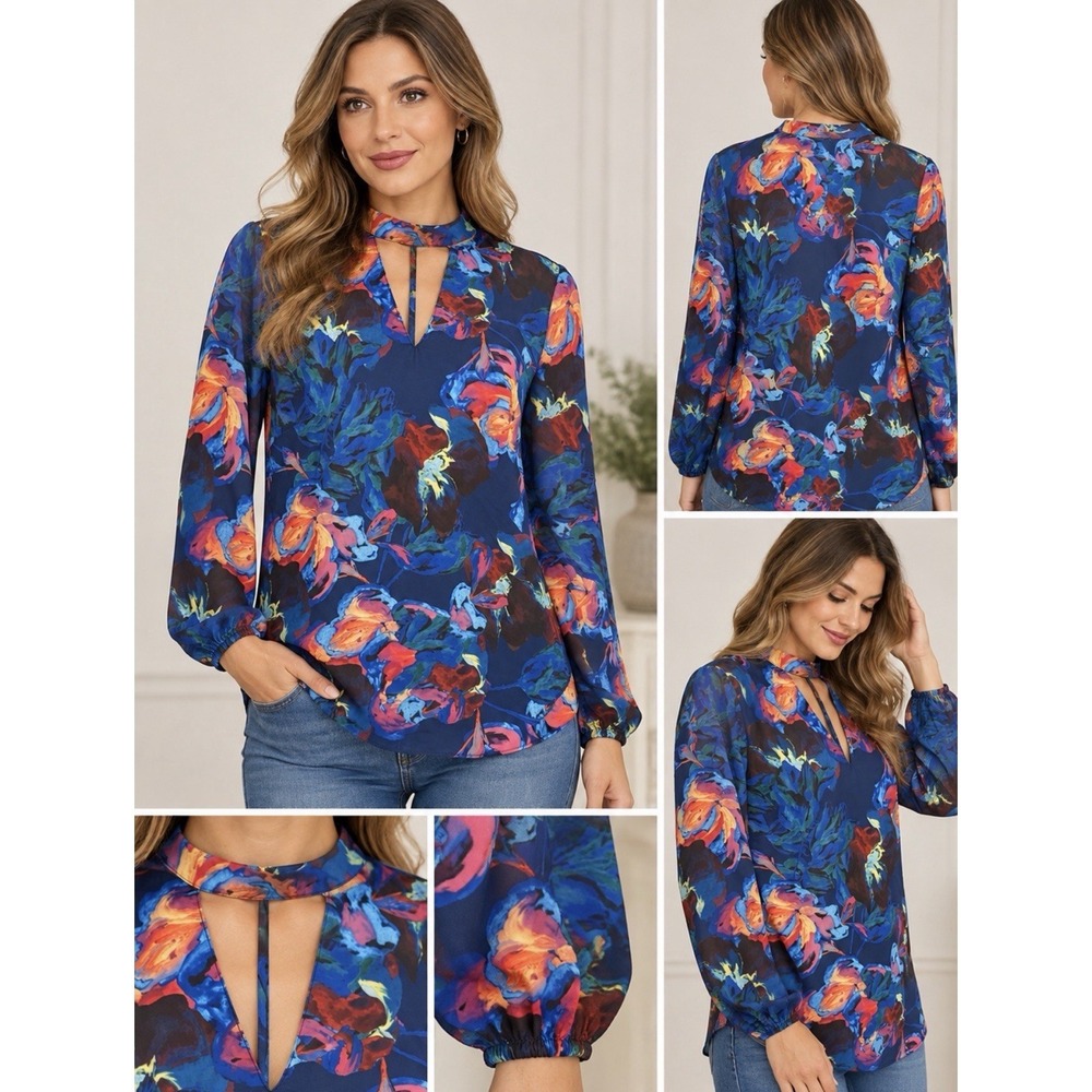 Amanda Uprichard Blouse Top Womens Size M Blue Floral V-neck Long Sleeve Blouse